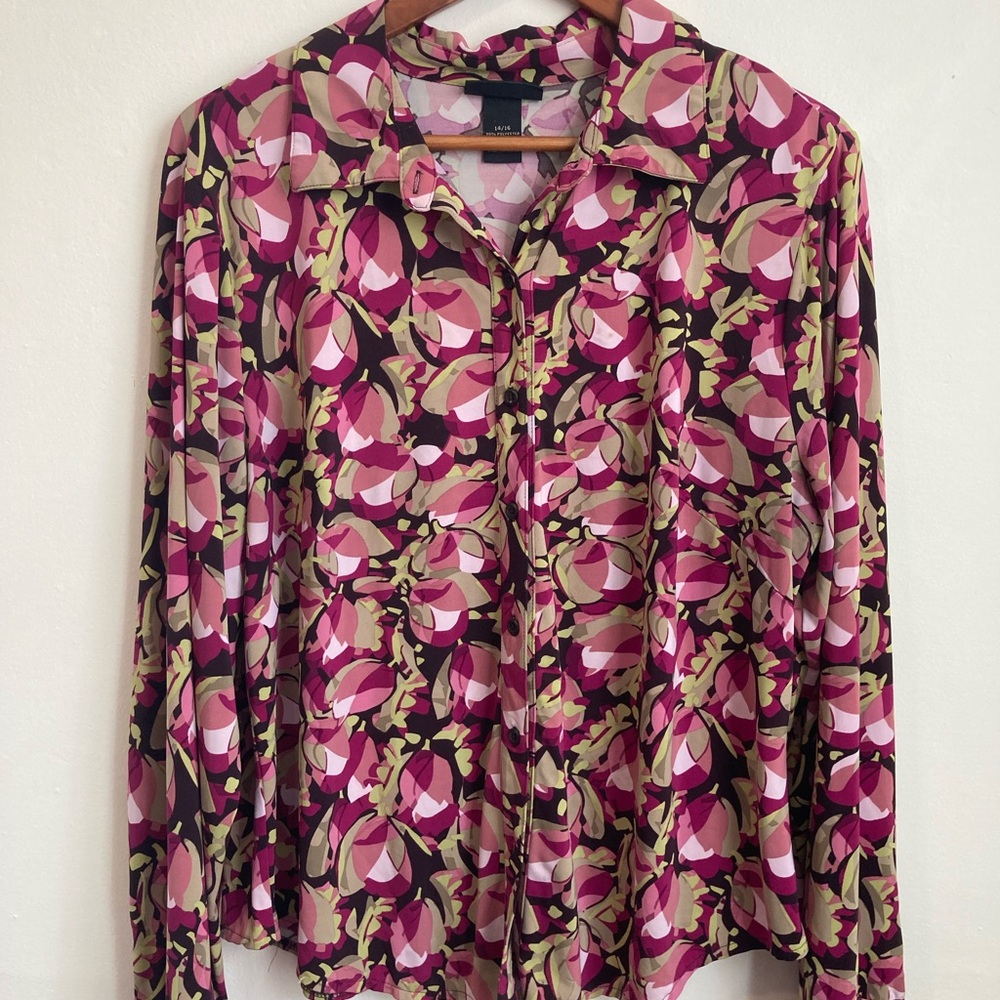 Lane Bryant Vibrant Pink and Olive Button Down Shirt